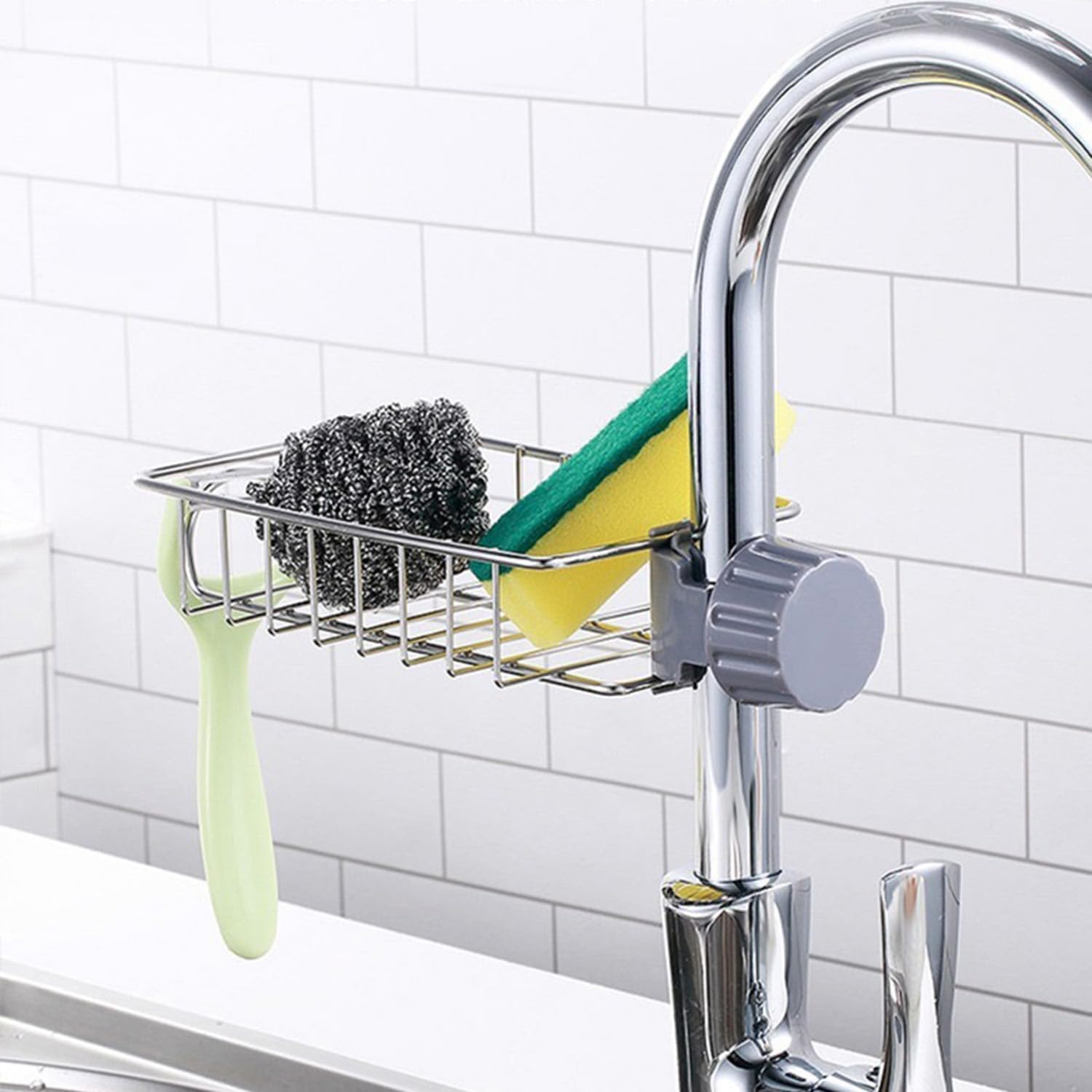 Kitchen Sink Caddy Organizer Over Faucet Sponge Holder, Stainless Steel Heavy Duty Thickening Hanging Faucet Drain Rack for Scrubbers, Soap, Bathroom, Detachable No Suction Cup or Magnet - Image 1